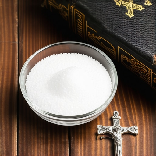 Exorcised salt and crucifix on a wooden shelf for home protection.