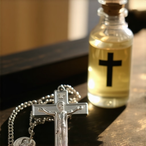 Sacramentals for Spiritual Protection in Virginia A St. Benedict medal, crucifix, and holy water bottle on a wooden table.