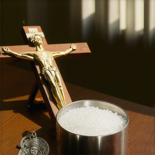 A crucifix, blessed salt, and St. Benedict medal on a table for home spiritual protection.
