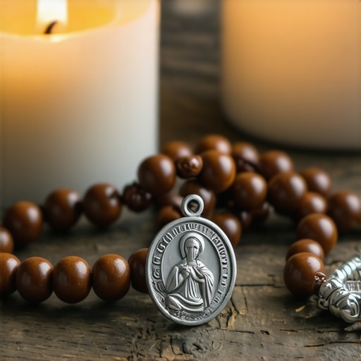St. Benedict medal and rosary on a table for spiritual warfare defense.