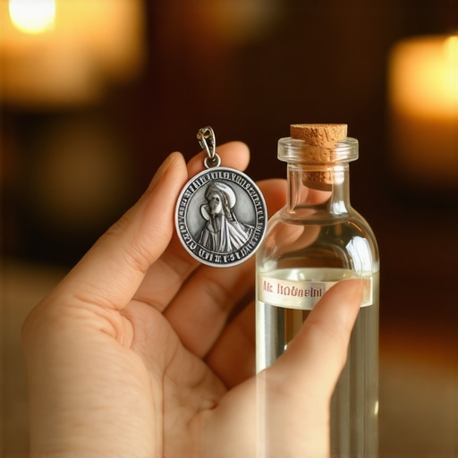 A Saint Benedict medal and holy water used for maintaining spiritual protection in a home.