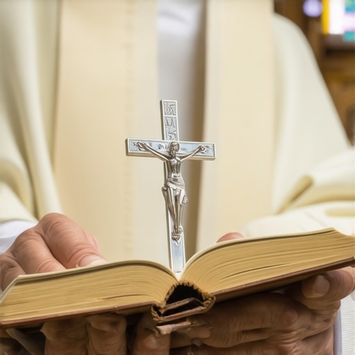 A Catholic priest preparing for a traditional deliverance prayer with a crucifix and liturgical book.