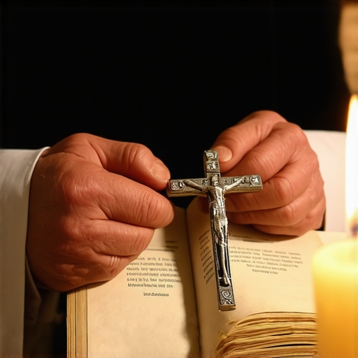 Priest hands holding a ritual book and crucifix for spiritual deliverance