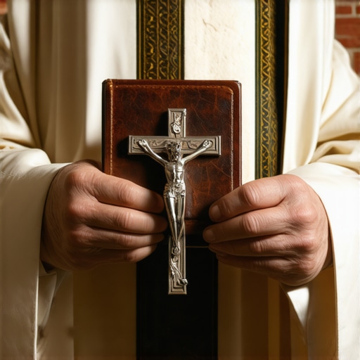 A priest holding the Roman Ritual and a crucifix for a deliverance session in Washington DC.