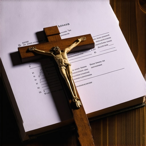 A crucifix and medical documents representing the discernment process for exorcism.