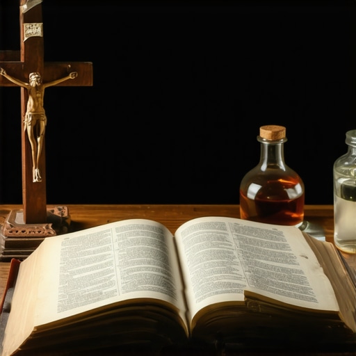 Ancient ritual book and crucifix on a wooden desk