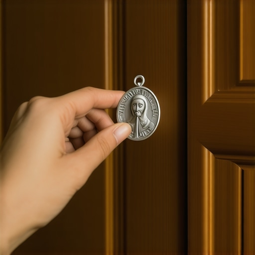A Saint Benedict medal placed on a doorframe to maintain a spiritually clean home in Washington DC.