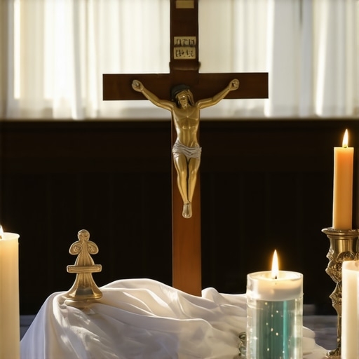 A home altar with a crucifix and holy water for spiritual protection.