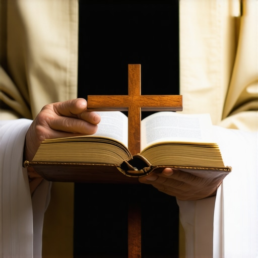 A priest holding a ritual book and cross for a spiritual deliverance session.