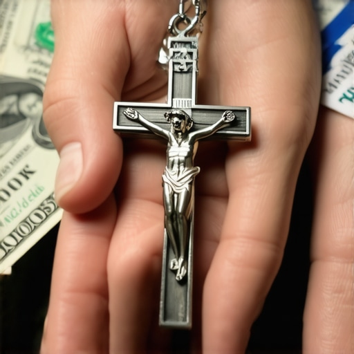 A hand holding a crucifix rejecting money, symbolizing that authentic exorcism services in Virginia and DC are never performed for a fee.