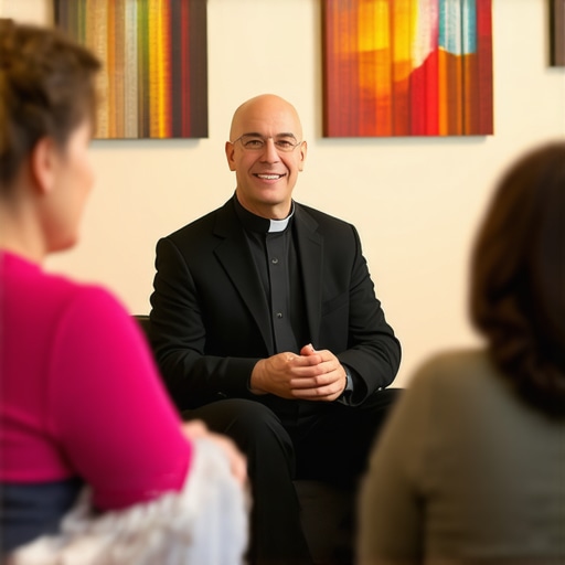 A priest and counselor providing spiritual guidance to a family in Virginia.