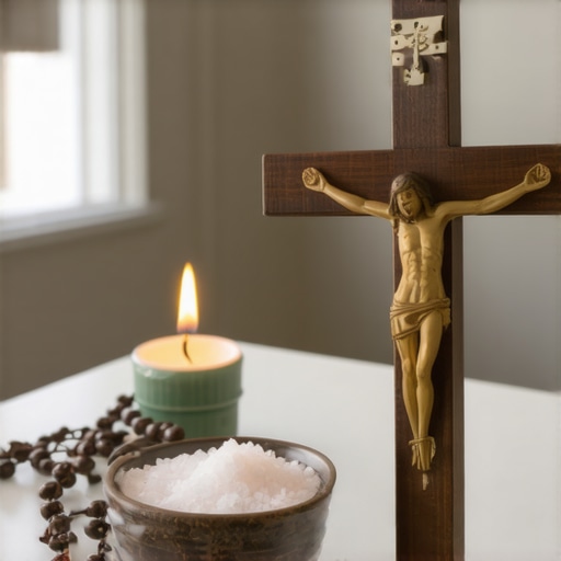 A Catholic prayer corner with a crucifix, candle, and a Bible in a Washington DC home.