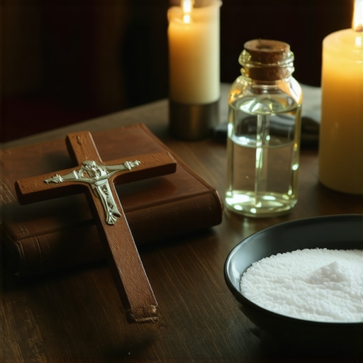 Traditional sacramentals including blessed salt, holy water, and a Benedictine cross for home protection.
