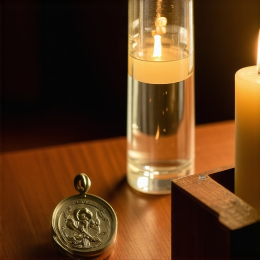 Close up of a Benedictine medal and holy water for spiritual protection