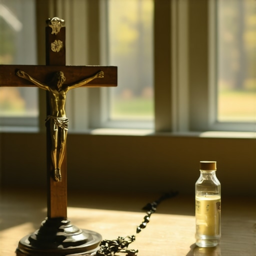 A dedicated prayer space in a Virginia home featuring a crucifix and holy water for spiritual protection.