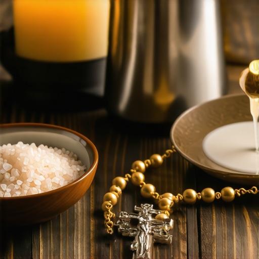 A collection of Catholic sacramentals including a rosary and blessed salt for home protection.