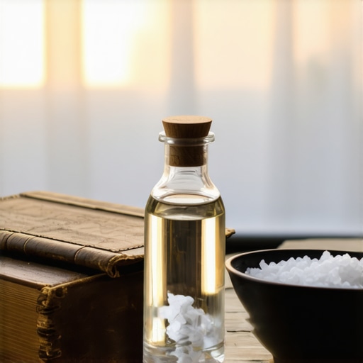 Holy water and exorcised salt on a wooden table with a prayer book.
