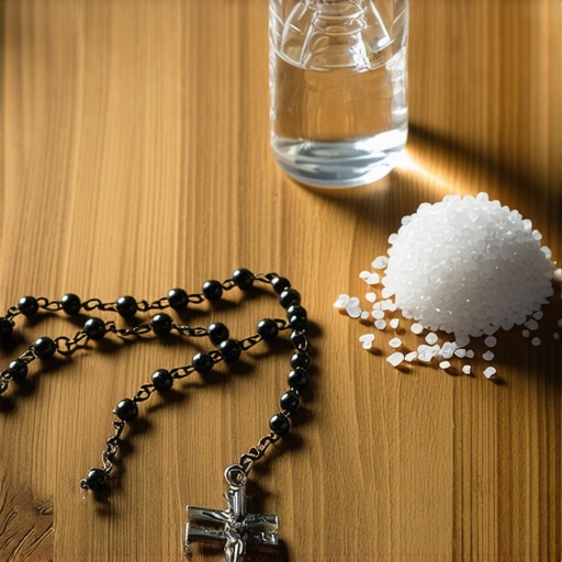 Holy water, blessed salt, and a rosary on a table for spiritual maintenance.