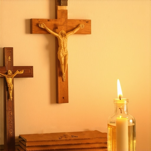 A peaceful Catholic prayer corner with a crucifix, holy water, and a candle