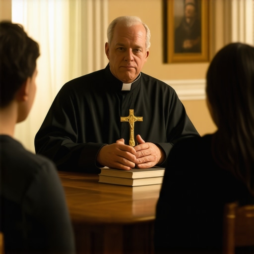 A Catholic priest discussing spiritual deliverance with a family in a historic home.