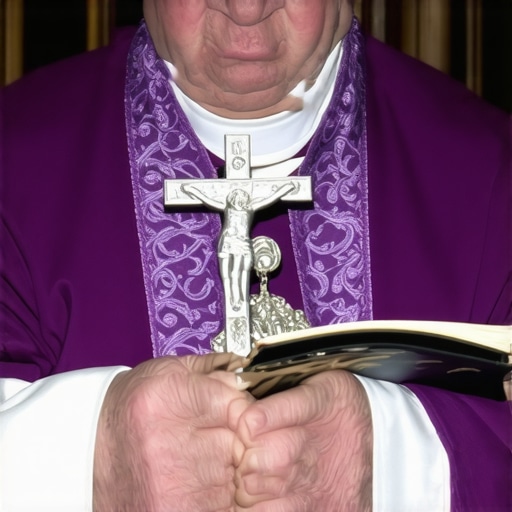A Catholic priest preparing for a spiritual deliverance session with a crucifix and prayer book.