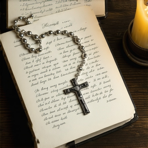 A journal and rosary used for documenting spiritual activity in Virginia.