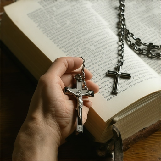 Spiritual Discernment Tools Crucifix and rosary next to a Bible and notebook for spiritual discernment