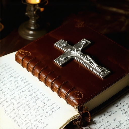 A leather journal and a crucifix used for documenting spiritual disturbances.
