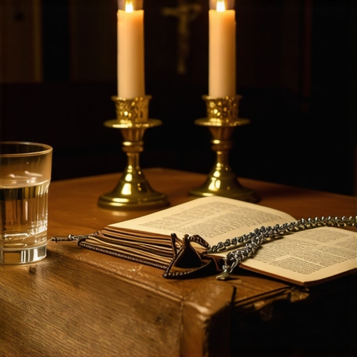 A spiritual journal and rosary on a desk used for documenting paranormal activity for a priest.