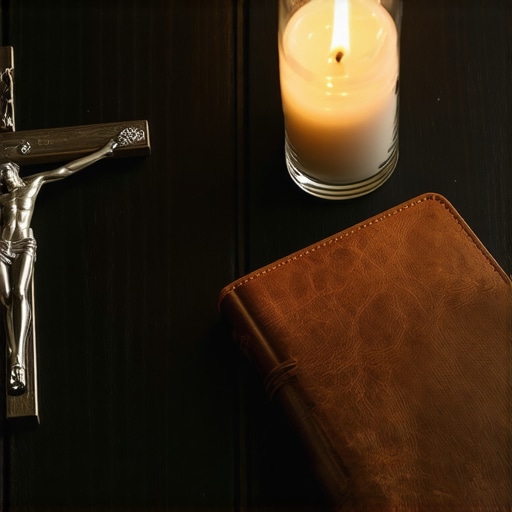 A notebook for documenting spiritual activity next to a crucifix and blessed salt jar.