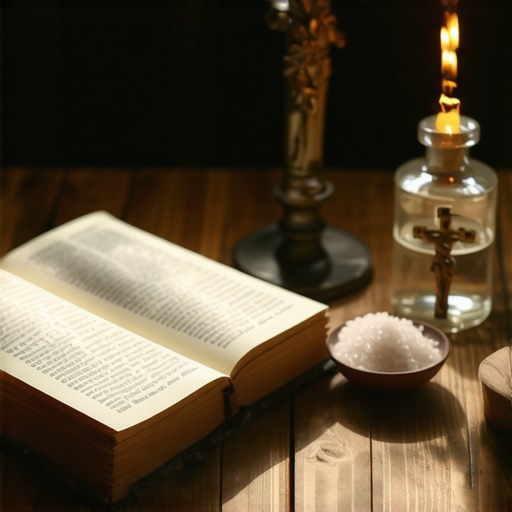 Sacramentals used for spiritual protection including a rosary and holy water.