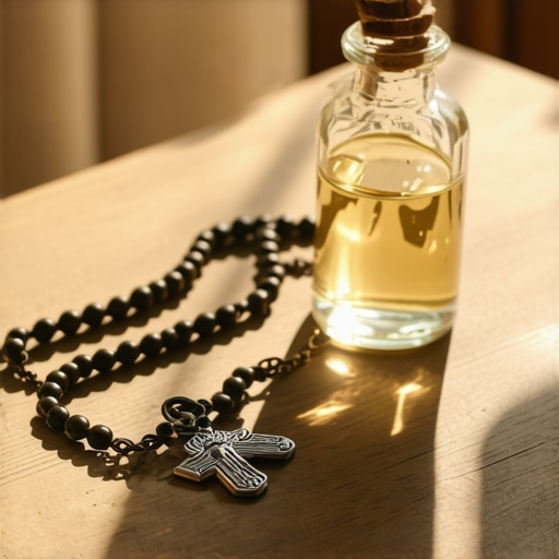 A Rosary and St. Benedict medal on a table representing spiritual protection and maintenance in a Virginia home.