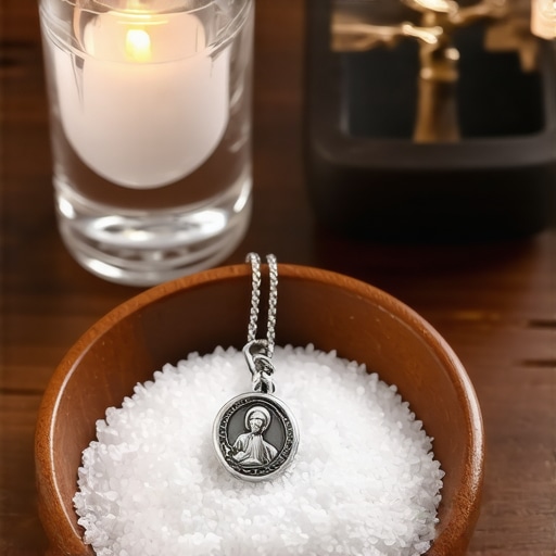 Sacramentals including blessed salt, holy water, and a St. Benedict medal on a table.