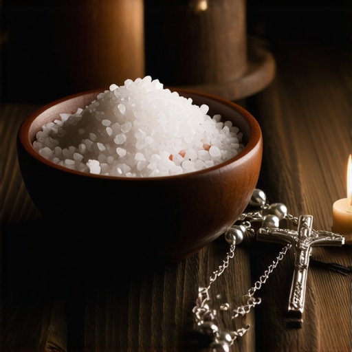 Blessed salt and a Catholic Rosary on a table representing spiritual protection tools.