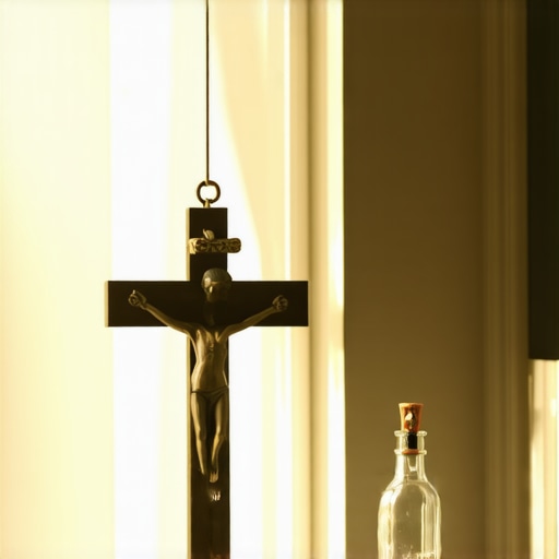 A home altar with a crucifix and holy water for spiritual protection in Virginia.