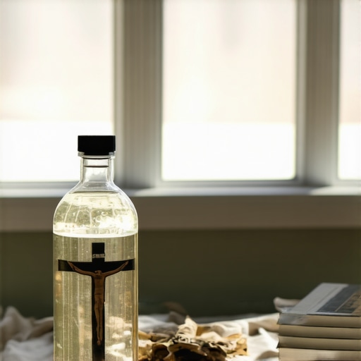 Crucifix and holy water on a domestic altar in a Virginia home for spiritual protection