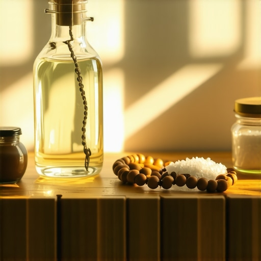 Holy water, rosary beads, and blessed salt on a shelf for spiritual protection.