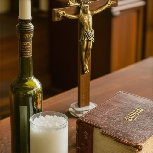 Traditional Catholic sacramentals including holy water and blessed salt for spiritual protection.