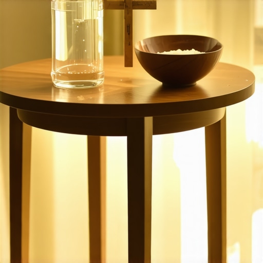 Blessed salt, holy water, and a crucifix on a wooden table in a sunlit room.