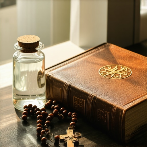 A collection of Catholic spiritual warfare tools including a prayer book, rosary, and holy water.
