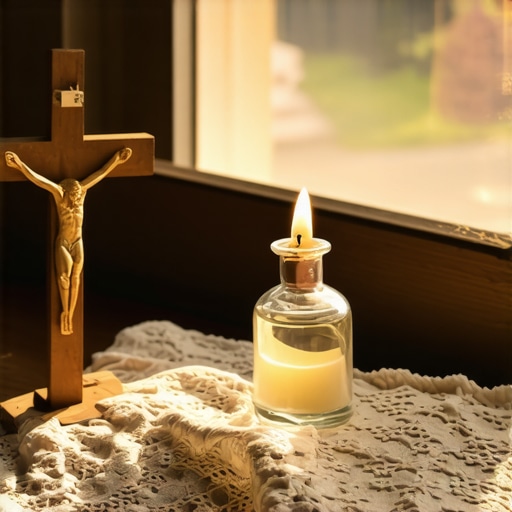 A home prayer altar featuring a crucifix and holy water for spiritual protection.
