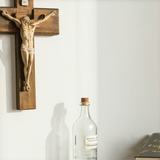 A home prayer altar with a crucifix and holy water for spiritual protection in Virginia.