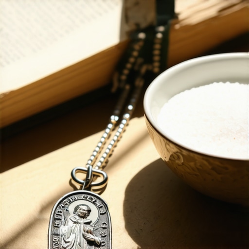 Benedictine medal and exorcised salt on a table representing spiritual protection and maintenance.