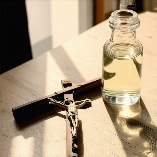 A crucifix and holy water vial on a wooden table, representing tools for spiritual deliverance and protection.