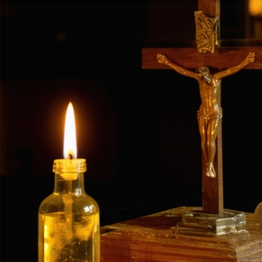 A small home altar with a crucifix and holy water for spiritual protection.