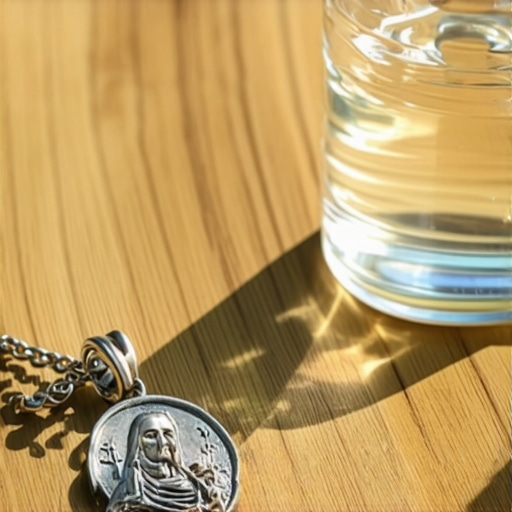 A St. Benedict medal and holy water bottle resting on a table, representing spiritual protection tools.