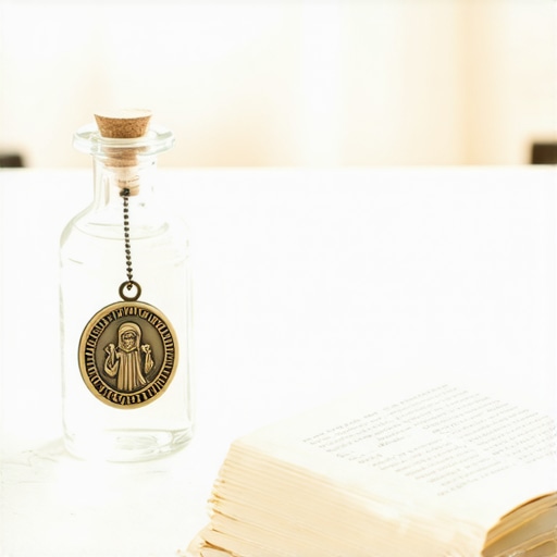 A St. Benedict medal and holy water on a home altar for spiritual protection.