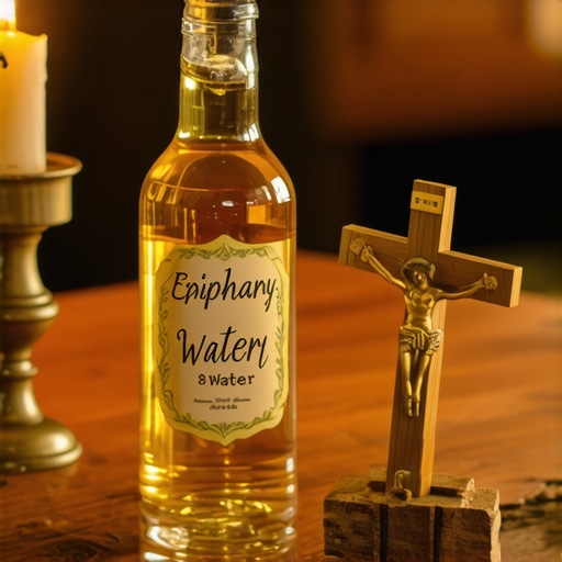 Epiphany water bottle and crucifix on a table for spiritual protection