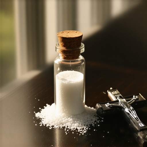 Blessed salt and a silver crucifix used for spiritual protection in a Virginia home.