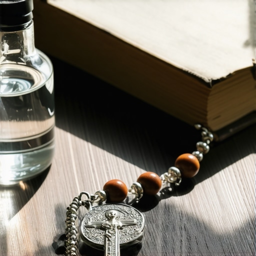 Sacramentals including holy water and a rosary used for spiritual protection in a Virginia home.